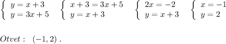 \left\{\begin{array}{lll}y=x+3\\y=3x+5\end{array}\right\; \; \left\{\begin{array}{lll}x+3=3x+5\\y=x+3\end{array}\right\; \; \left\{\begin{array}{lll}2x=-2\\y=x+3\end{array}\right\; \; \left\{\begin{array}{lll}x=-1\\y=2\end{array}\right\\\\\\Otvet:\; \; (-1,2)\; .