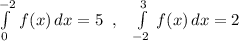 \int\limits^{-2}_0\, f(x)\, dx=5\; \; ,\; \; \; \int\limits^3_{-2}\, f(x)\, dx=2