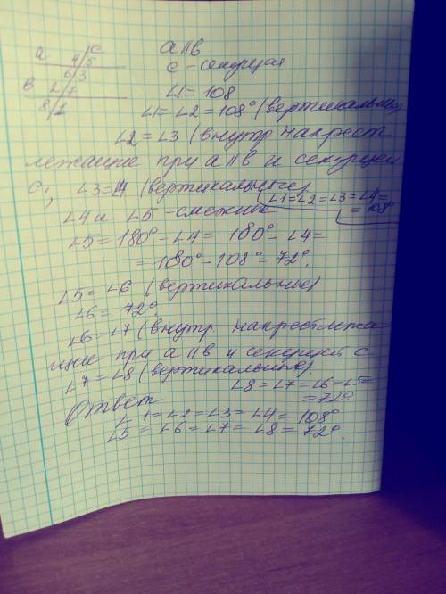 один из углов, образованных при пересечении двух параллельных прямых секущей, равен 108.найдите все