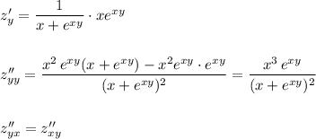 z'_{y}=\dfrac{1}{x+e^{xy}}\cdot xe^{xy}\\\\\\z''_{yy}=\dfrac{x^2\, e^{xy}(x+e^{xy})-x^2e^{xy}\cdot e^{xy}}{(x+e^{xy})^2}=\dfrac{x^3\, e^{xy}}{(x+e^{xy})^2}\\\\\\z''_{yx}=z''_{xy}