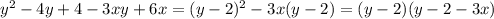 y^2-4y+4-3xy+6x=(y-2)^2-3x(y-2)=(y-2)(y-2-3x)
