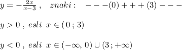 y=-\frac{2x}{x-3}\; ,\; \; \; znaki:\; \; \; ---(0)+++(3)--- \\\\y0\; ,\; esli\; \; x\in (\, 0\, ;\, 3)\\\\y