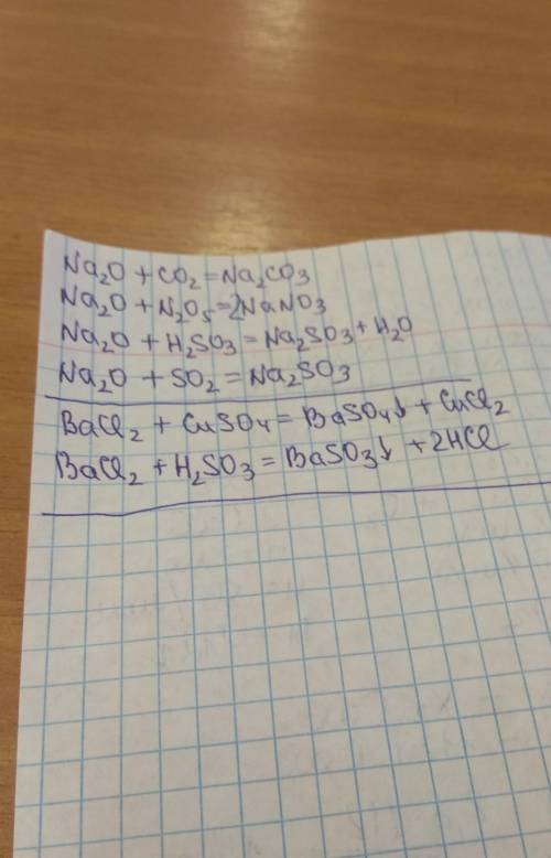 Составить все возможные реакции для Na2O и BaCl2 используя вещества Ba(OH)2, CO2, CuSO4, Fe(OH)3, N2