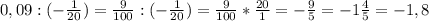 0,09:(-\frac{1}{20} )=\frac{9}{100} :(-\frac{1}{20} )=\frac{9}{100} *\frac{20}{1} =-\frac{9}{5} =-1\frac{4}{5} =-1,8