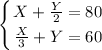 \displaystyle \left \{ {{X+\frac{Y}{2} = 80} \atop {\frac{X}{3} + Y = 60}} \right.