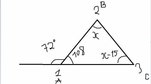 Один із зовнішніх кутів трикутника дорівнює 72°. Знайти кути трикутника, не суміжних з ним, якщо оди