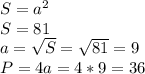 S=a^2\\S=81\\a=\sqrt{S} =\sqrt{81} =9 \\P=4a=4*9=36