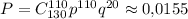 P=C^{110}_{130}p^{110}q^{20}\approx 0{,}0155