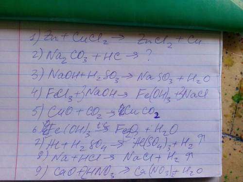 Розвязати,Урівняти рівняння 1)Zn+CuCl2= 2)Na2CO3+HC= 3)NaOH+H2SO3= 4)FeCl3+NaOH= 5)CuO+CO2= 6)Fe(OH)