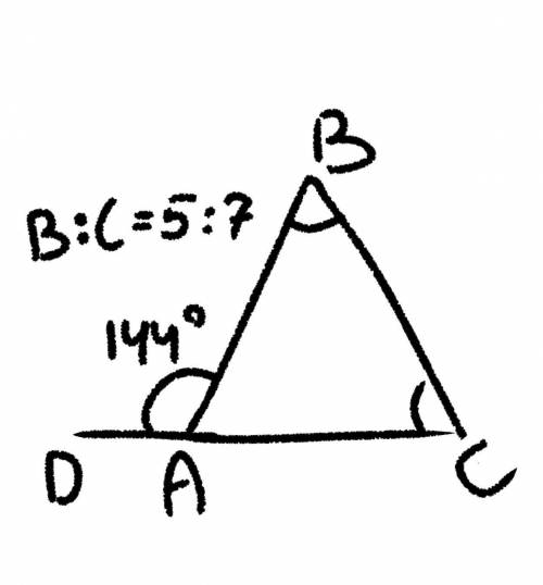 внешний угол треугольника равен 144°, а внутренние углы, не смежные с ним, относятся как 5:7 НАЙДИТЕ
