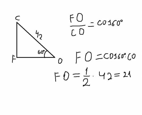 У прямокутному трикутнику CFO гіпотенуза СО дорівнює 42 см, угол О=60°. Знайдіть катет FO.​