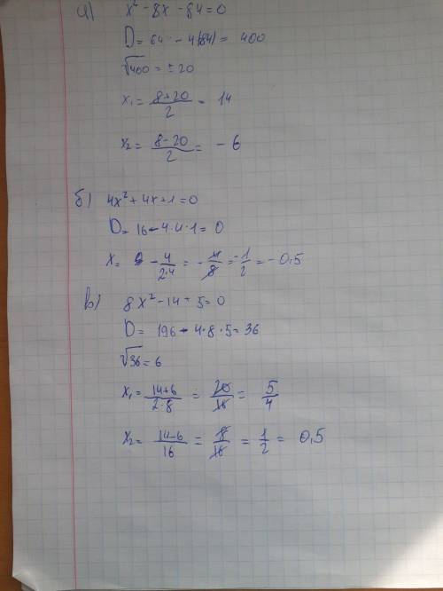 Знайди корені рівняння:а) -8x-84=0б)4+4x+1=0в)8-14x+5=0