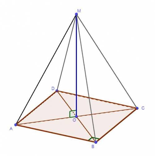Через точку О пересечения диагоналей квадрата со стороной 4 см проведена прямая OM перпендикулярная