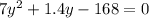 7 {y}^{2} + 1.4y - 168 = 0