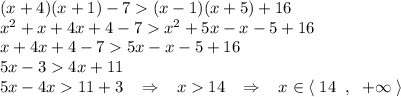 (x+4)(x+1)-7(x-1)(x+5)+16 \\ x^2+x+4x+4-7x^2+5x-x-5+16 \\ x+4x+4-75x-x-5+16 \\ 5x-34x+11 \\ 5x-4x11+3 \;\;\; \Rightarrow \;\;\; x14 \;\;\; \Rightarrow \;\;\; x\in \langle \; 14\;\;,\;\;+\infty\;\rangle