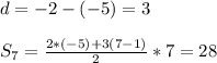 d=-2-(-5)=3\\\\S_7=\frac{2*(-5)+3(7-1)}{2} *7=28