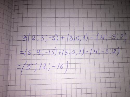 Задані векторі a=(2;3;-5), d=(3;0;1), c=(4;-3;2).Знайти кординати та довжину Вектора d=3a+d-c