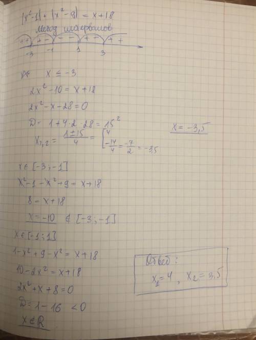 Решить уравнение: |x^2-1|+|x^2-9|=x+18