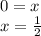 0=x\\x=\frac{1}{2}