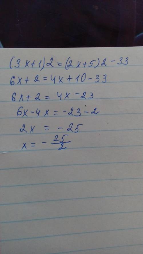 Решите квадратное уравнение:(3x+1)2 = (2x+5)2 − 33.