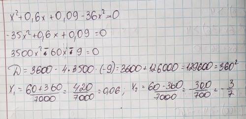 Реши уравнение x²+0,6x +0,09-36x²=0 ответ запиши сумму его корня (ответ запиши в виде десятичной дро