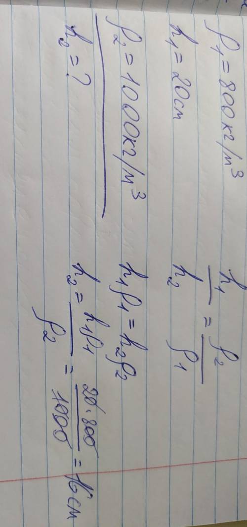 В одно колено сообщающихся сосудов налили вазелиновое масло (ρ=800 кг/м3 ). Высота столба получилась
