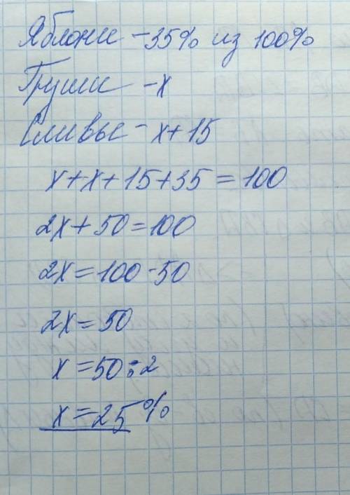 решить задачу:В саду растут яблони, груши и сливы. Яблони составляют 35 % всех деревьев сада, груш -