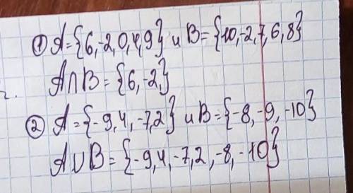 Найдите пересечение множеств А и В, если А={6; -2; 0; 4; 9} и В={10; -2; 7; 6; 8}. Найдите объединен