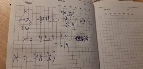 При взаємодії магнію з хлоридною кислотою виділився водень обємом 44,8 л. Обчислити масу магнію