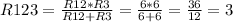 R123=\frac{R12*R3}{R12+R3} =\frac{6*6}{6+6} =\frac{36}{12} =3