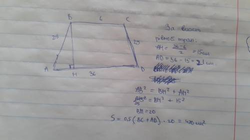 У різнобічній трапеції основи дорівнюють 6 см і 36 см. Обчисліть площу трапеції, якщо бічна сторона