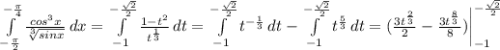 \int\limits^{-\frac{\pi}{4} }_{-\frac{\pi}{2}} {\frac{cos^3x}{\sqrt[3]{sinx} } } \, dx =\int\limits^{-\frac{\sqrt{2} }{2}}_{-1} {\frac{1-t^2}{t^{\frac{1}{3}}} \, dt}=\int\limits^{-\frac{\sqrt{2} }{2}}_{-1} {t^{-\frac{1}{3}} \, dt}-\int\limits^{-\frac{\sqrt{2} }{2}}_{-1} {t^{\frac{5}{3}} \, dt}=(\frac{3t^{\frac{2}{3} }}{2} -\frac{3t^{\frac{8}{3} }}{8})\bigg|\limits^{-\frac{\sqrt{2} }{2}}_{-1}