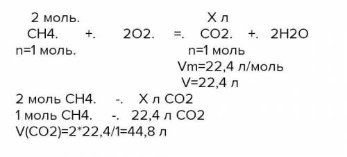 Определи какой обьём (л) углекислого газа (н.у.)образуется при сгорании 2 молд метана по реакции CH4
