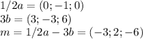 1/2a=(0;-1;0)\\3b=(3;-3;6)\\m=1/2a-3b=(-3;2;-6)