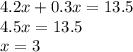 4.2x + 0.3 x = 13.5 \\ 4.5x = 13.5 \\ x = 3