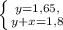 \left \{ {{y=1,65,} \atop {y+x=1,8}} \right.