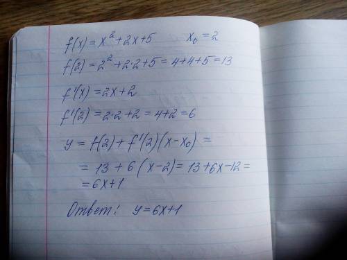 Напиши уравнение касательной к графику функции f(x)=x2+2x+5 в точке с абсциссой x0=2.