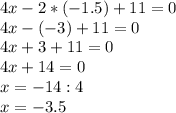 4x-2*(-1.5)+11=0\\4x-(-3)+11=0\\4x+3+11=0\\4x+14=0\\x=-14:4\\x=-3.5