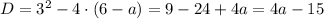 D = 3^{2} - 4 \cdot (6 - a) = 9 - 24 + 4a = 4a - 15