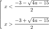 \left[\begin{array}{ccc}x < \dfrac{-3 - \sqrt{4a - 15} }{2} \\ \\x \dfrac{-3 + \sqrt{4a - 15} }{2}\\\end{array}\right