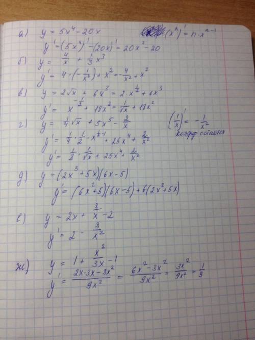 Найти производную функции(подробно): а) у=5x^4-20x б) у=4/x+1/3 * x^3 в) у=2√x + 6x^3 г) у= 1/4√x +