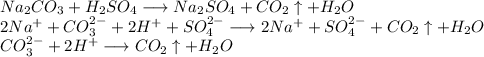 Na_{2}CO_{3} + H_{2}SO_{4} \longrightarrow Na_{2}SO_{4} + CO_{2} \uparrow + H_{2}O \\ 2Na^{+} + CO_{3}^{2-} + 2H^{+} + SO_{4}^{2-} \longrightarrow 2Na^{+} + SO_{4}^{2-} + CO_{2} \uparrow + H_{2}O \\ CO_{3}^{2-} + 2H^{+} \longrightarrow CO_{2} \uparrow + H_{2}O