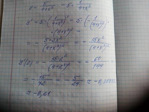 Найдите производную функции y=5\4+x^3 в точке x=2. ответ если необходимо округлите до 0,01.y`(2)= ..