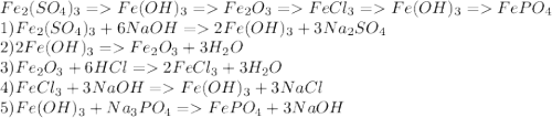 Fe _2 (SO _4 ) _3 = Fe(OH) _3= Fe_ 2 O _3= FeCl _3 =Fe(OH )_3 = FePO _4\\1) Fe _2 (SO _4 ) _3 + 6NaOH=2Fe(OH)_3+3Na_2SO_4\\2)2 Fe(OH)_3=Fe_2O_3+3H_2O\\3) Fe_2O_3+6HCl=2FeCl_3+3H_2O\\4)FeCl_3+3NaOH= Fe(OH)_3+3NaCl\\5) Fe(OH)_3+Na_3PO_4= FePO_4+3NaOH