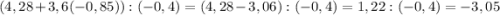 (4,28+3,6( - 0,85)) : (-0,4) = (4,28 - 3,06) : (-0,4) = 1,22 : (-0,4) = -3,05