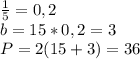 \frac{1}{5}=0,2\\b=15*0,2= 3\\P=2(15+3)=36