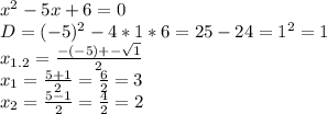 x^{2} -5x+6=0\\D=(-5)^{2} -4*1*6=25-24=1^{2}=1\\x_{1.2}=\frac{-(-5)+-\sqrt{1} }{2} \\x_{1}=\frac{5+1}{2}=\frac{6}{2}=3\\x_{2}= \frac{5-1}{2}=\frac{4}{2} =2