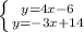 \left \{ {{y=4x-6} \atop {y=-3x+14}} \right.