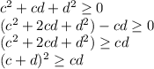 c^2+cd+d^2\geq 0\\(c^2+2cd+d^2)-cd\geq 0\\(c^2+2cd+d^2)\geq cd\\(c+d)^2\geq cd