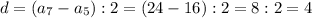 d=(a_7-a_5):2=(24-16):2=8:2=4